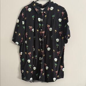 Men's Black Short-Sleeve Button Shirt with Colorful Palm & Skull Print